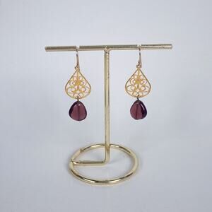 Gold Tone and Purple Bead Drop Earrings